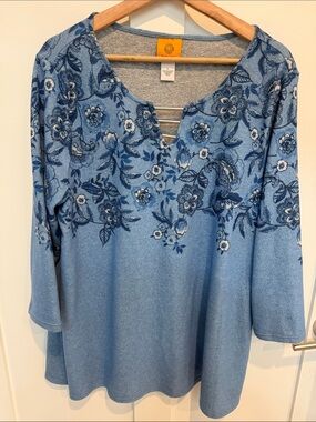 Ruby Rd. Light Blue Long Sleeve Floral Tunic
